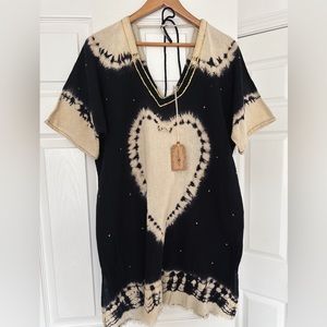 Natural Life One Size Boho Tiedye Kaftan Mini Dress Beach Shirt Hippie Heart NWT